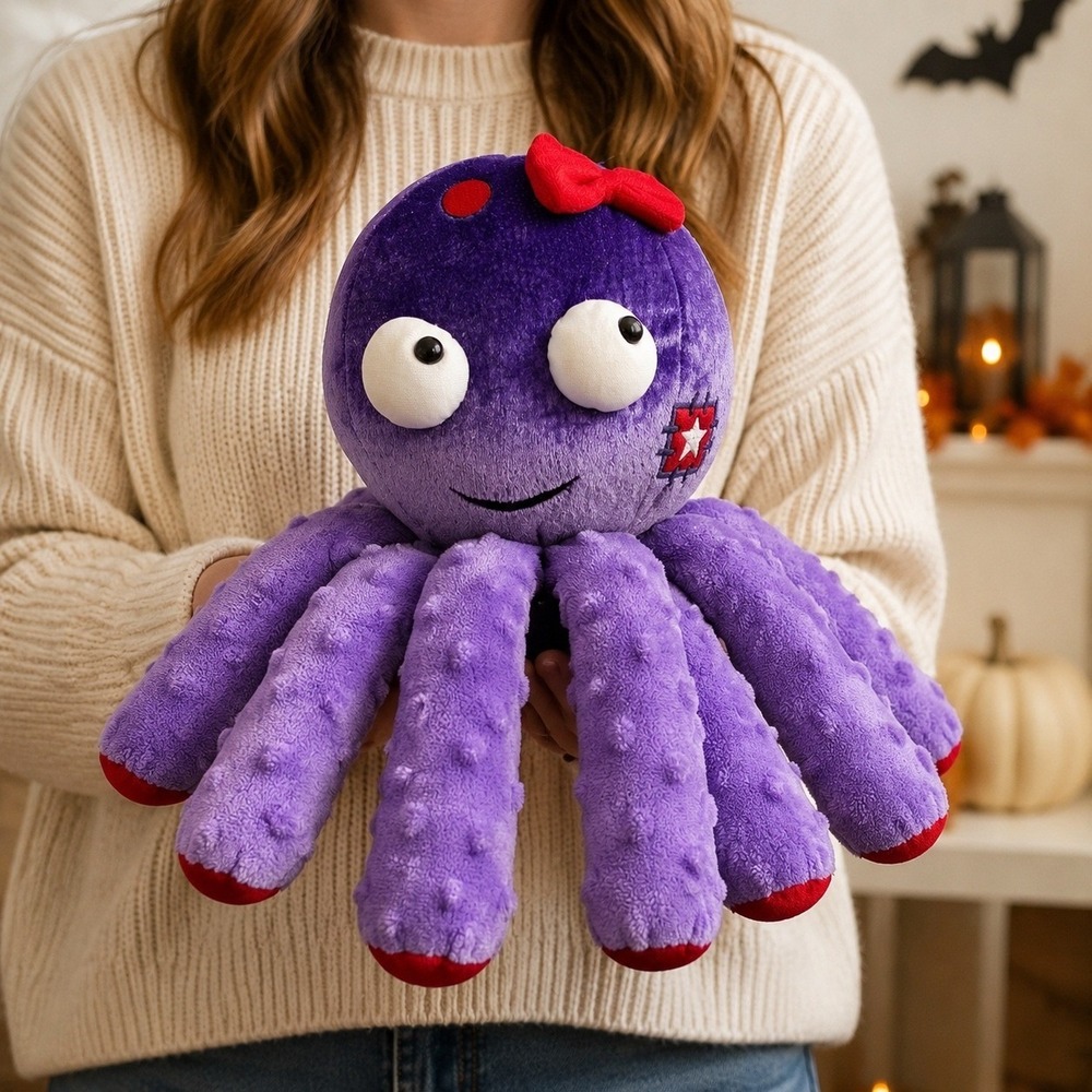 Purple Octopus Plush Toy with Red Bow and Textured Tentacles 12 Inch